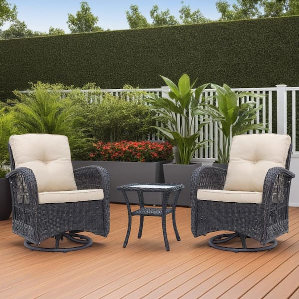 Maypex 3-Piece Wicker Outdoor Conversation Chat Set Seating Group W/ Swivel and Glider Chairs, Glass Top Side Table,Dark Brown