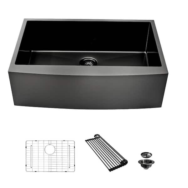 36 in. Farmhouse Single-Bowl 16-Gauge Black Stainless Steel Kitchen Sink with Drain