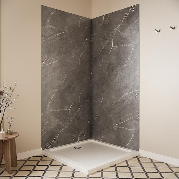 DSH-1260-124 36 in. L x 36 in. W. x. 76 in. H 2-Piece Glue-Up Corner Shower Wall Surround in Grey Marble Finish