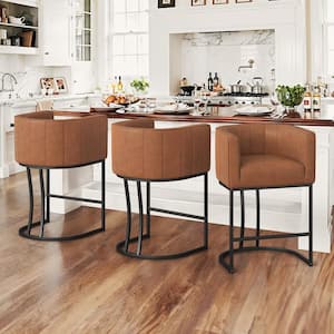 Siska 26 in.Modern Brown Faux Leather Upholstered Counter Stool with Black Metal Frame Barrel Bar Stool Set of 3