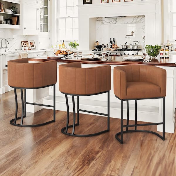 LUE BONA Siska 26 in.Modern Brown Faux Leather Upholstered Counter Stool with Black Metal Frame Barrel Bar Stool Set of 3