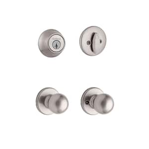 Polo Satin Nickel Passage Door Knob and Single Cylinder Deadbolt Combo Pack featuring SmartKey Security