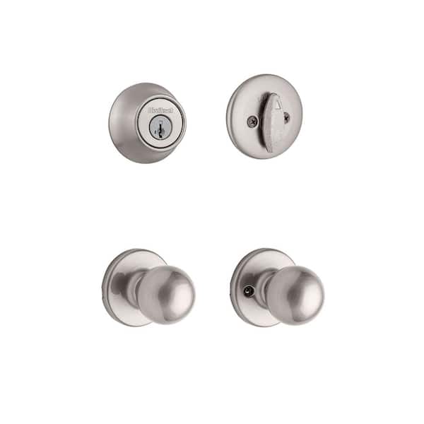 Kwikset Polo Satin Nickel Passage Door Knob and Single Cylinder Deadbolt Combo Pack featuring SmartKey Security
