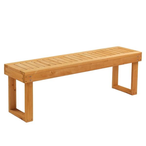 Teak Color Fir Wood Outdoor Ottoman Bench