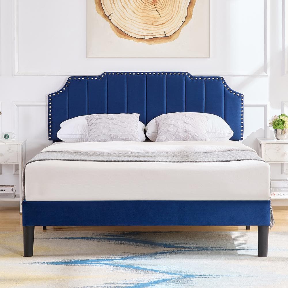 VECELO Upholstered Bed Blue Metal plus Wood Frame Full Platform Bed ...