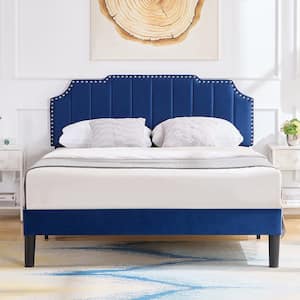Upholstered Bed Blue Metal plus Wood Frame Full Platform Bed with Tufted Adjustable Headboard/Mattress Foundation