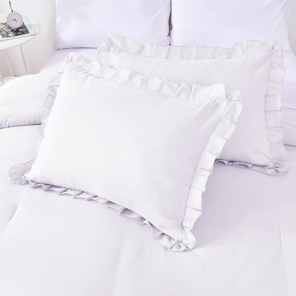 Shatex Ruffled Bed-in-A-Bag White Comforter King Bedding Set- 7 Piece All  Season Ultra Soft Polyester-White with Ruffles