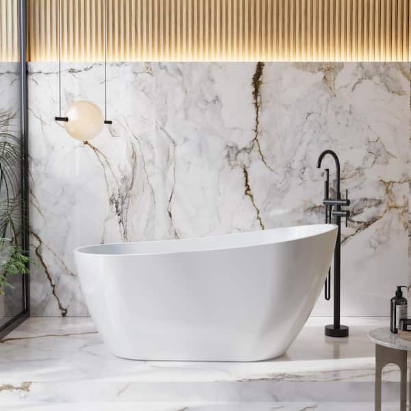 59 in. x 30.7 in. Acrylic Flatbottom Freestanding Soaking Bathtub in Glossy White with Chrome Pop-Up Drain and Overflow