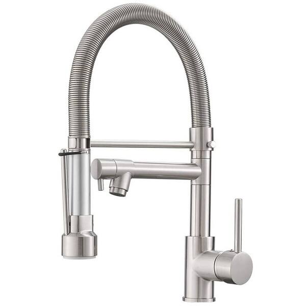 FLG Double Handle Deck Mount Gooseneck Pull Down Sprayer Kitchen Faucet with Handle in Brushed Nickel