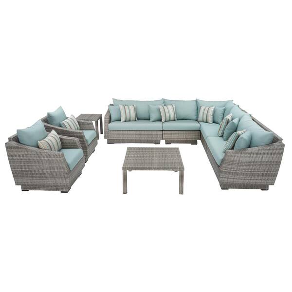 RST Brands Cannes 9-Piece Patio Corner Sectional and Club Chair Seating Group with Bliss Blue Cushions