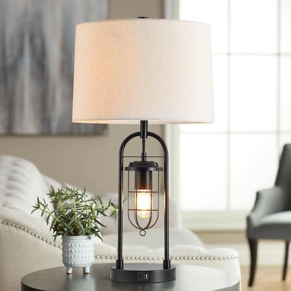 26" Bronze Industrial Table Lamps with USB Ports and Fabric Shades, Set of 2