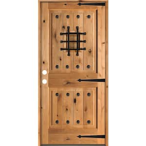 42 in. x 80 in. Mediterranean Knotty Alder Square Top Clear Stain Right-Hand Inswing Wood Single Prehung Front Door