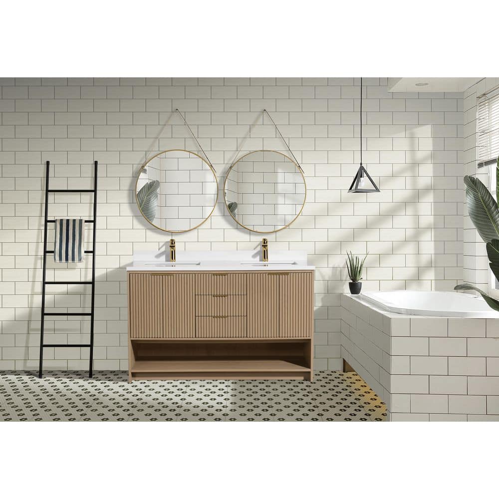 San Diego 55" Oak Gray Double Sink Vanity with Quartz Top