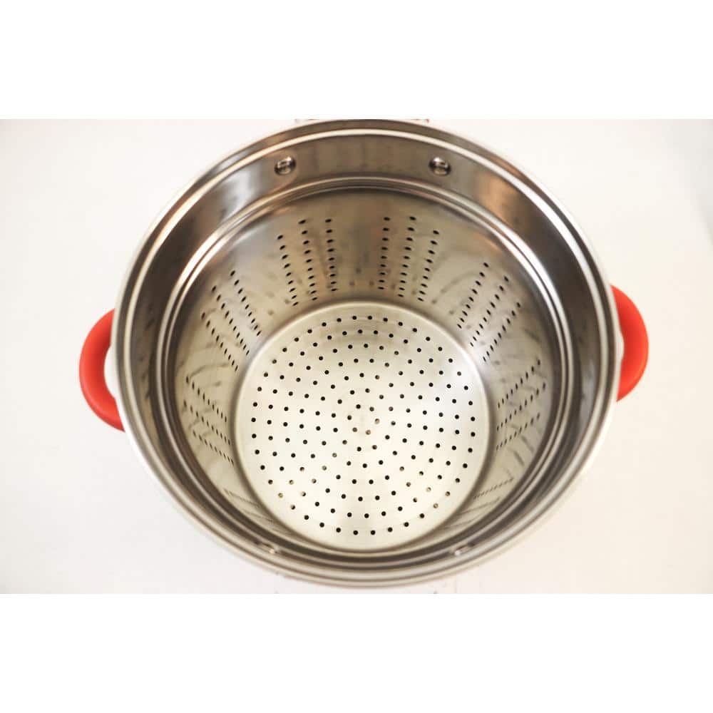 12 Qt Stainless Steel Multi-Cooker with Red Silicone Handles and Basket Insert