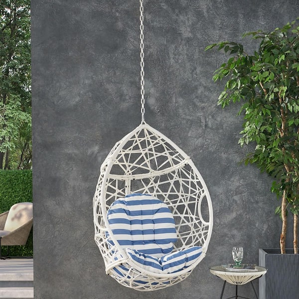 Coporesell 1-Person Egg Swing Chair White Metal Outdoor Patio Hanging Chair with Blue Cushion