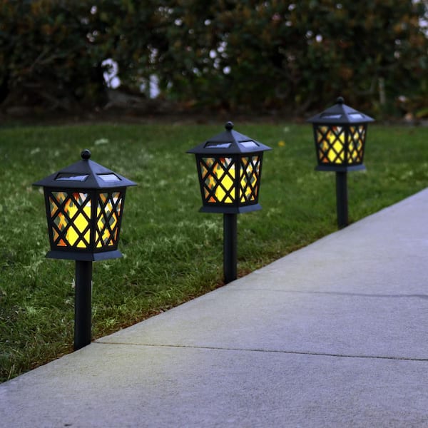 16 in. Tall Outdoor Solar Powered Black LED Path Light Stakes (Set of 4)