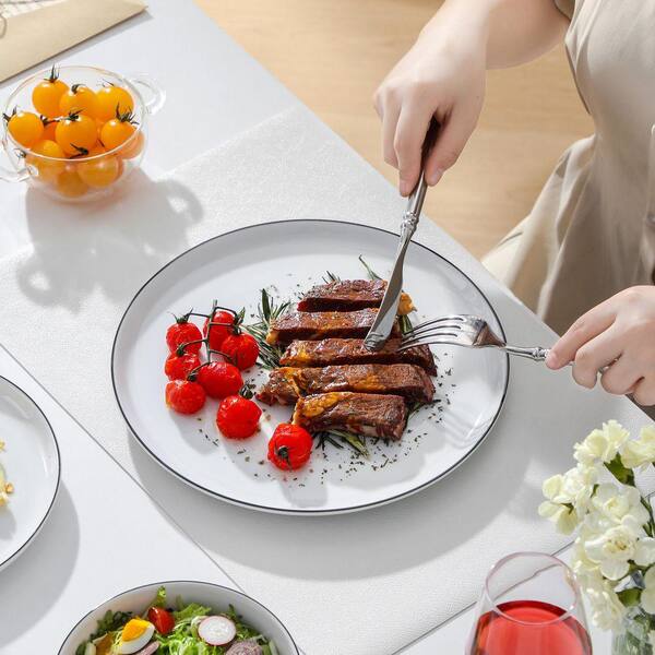 MALACASA 12-Piece White Black Rim Porcelain Dinnerware Set Service
