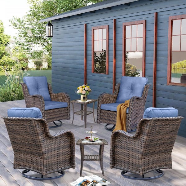 Xingzjojor Brown 6-Piece Wicker Patio Swivel Outdoor Rocking Chair Set with Denim Blue Cushions and Side Table