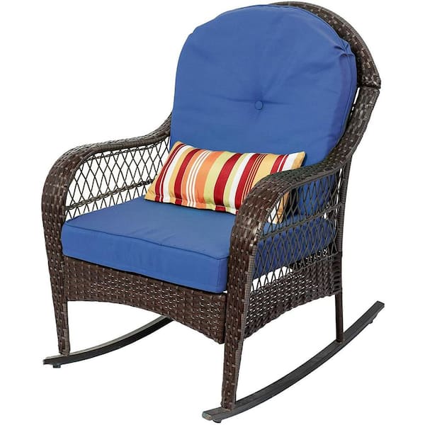 PATIOGUARDER Brown Wicker Outdoor Rocking Chair with Blue Cushion and Pillow Set of 1