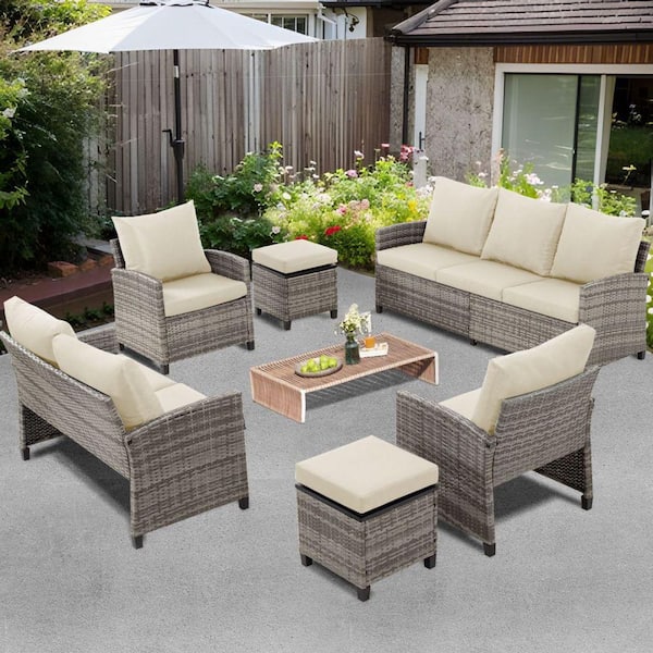 MIRAFIT 6-Pieces Outdoor Rattan Sectional Sofa Patio Wicker Furniture Sets with Cushion Guard Beige Cushions