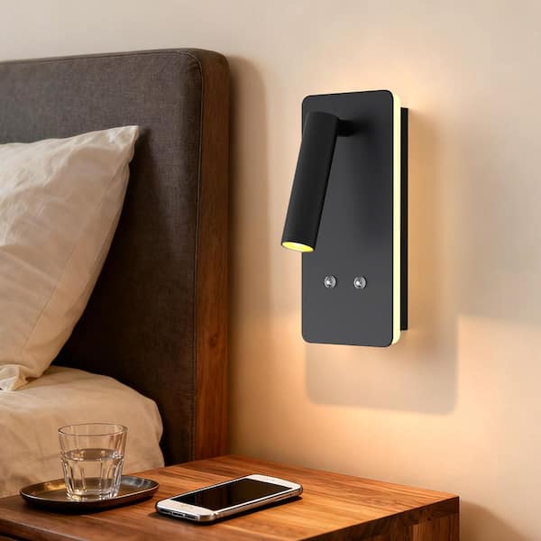 8 in. 6-Watt 1-Light Black Wall Mounted Reading Light Set of 2, Dimmable Wireless Wall Sconces for Bedroom, Living Room