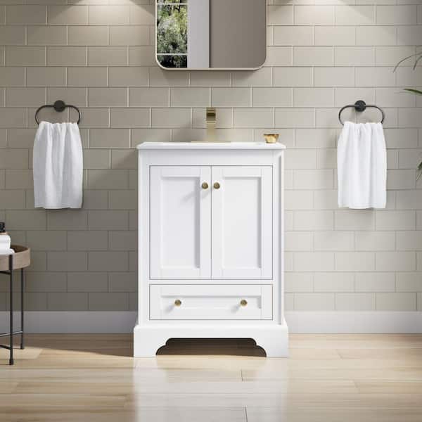 Modern 24 in. Solid Wood Single Sink Freestanding White Bath Vanity with White Ceramic Top
