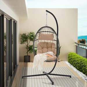 1-Person Dark Gray Outdoor Garden Wicker Porch Swing Hanging Egg Chair with Khaki Cushions and Steel Stand