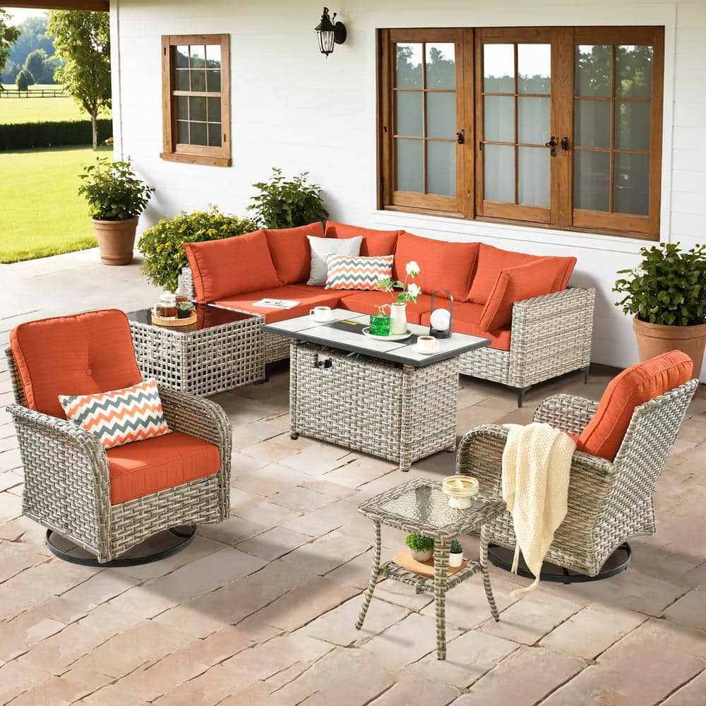 Savona 9-Piece Wicker Outdoor Patio Conversation Sectional Chair Set with Rectangular Fire Pit and Orange Red Cushions price history on PriceWatchPro