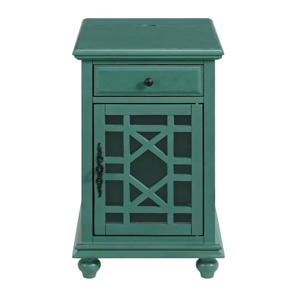 Antique Teal Parisian-Inspired Chairside Table with Power