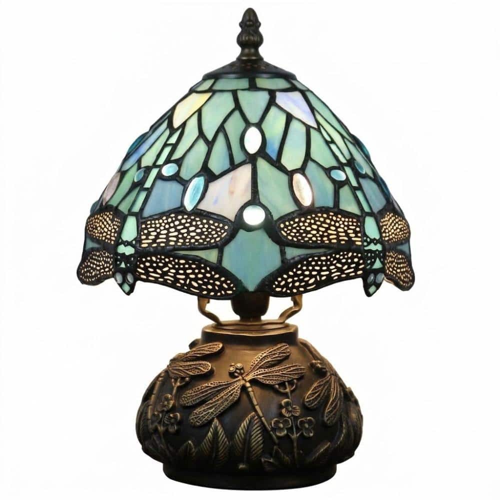 11 in. Sea Blue Dragonfly Mushroom Desk Lamp with Stained Glass Shade Standard Light Bulb Fixture price history on PriceWatchPro