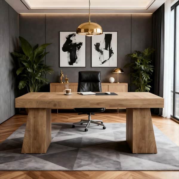 55.1 in. Brown Rectangle Wood Executive Desk, Large Modern Farmhouse Computer Desk for Home Office, Office