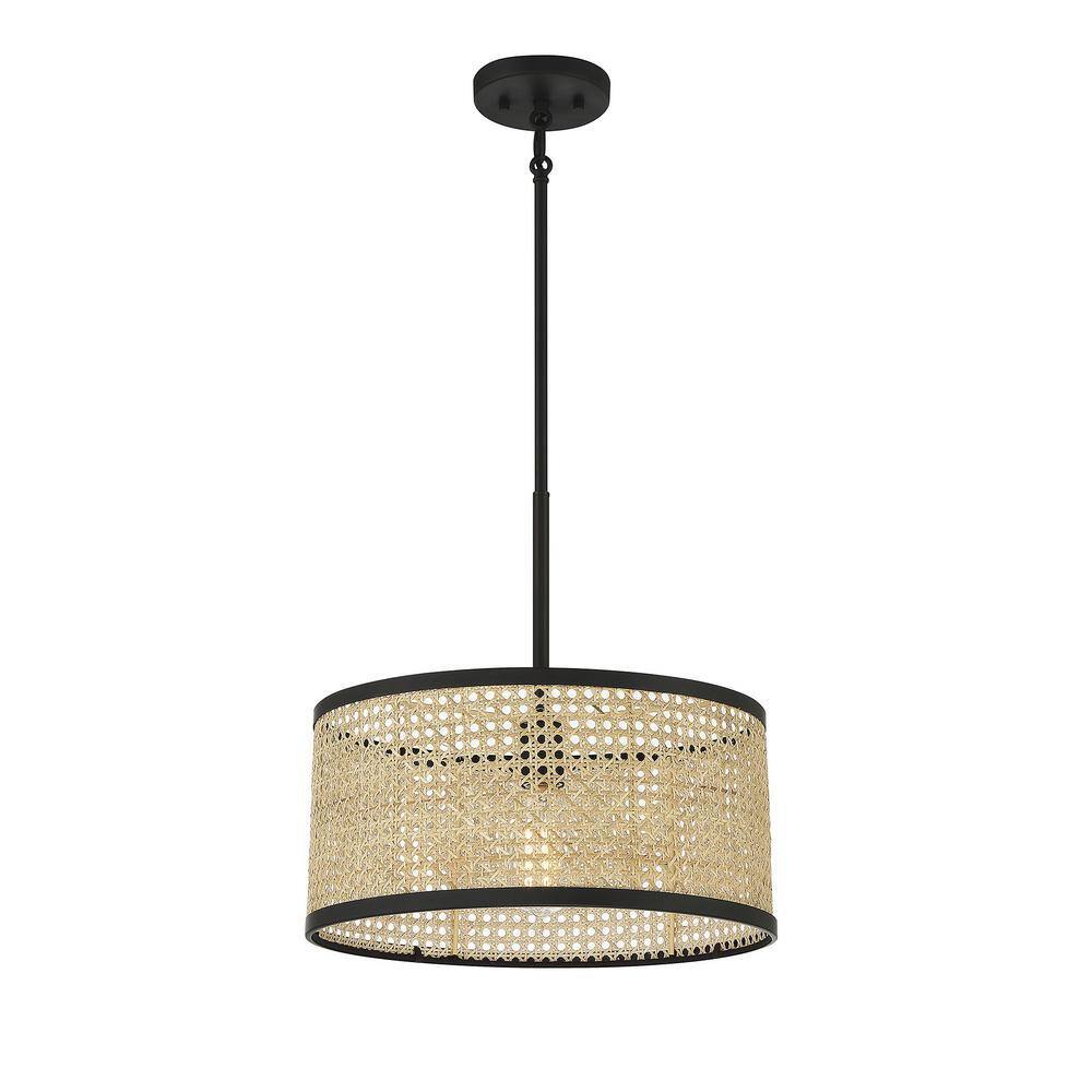Mid-Century Modern Natural Cane & Matte Black 1-Light Pendant