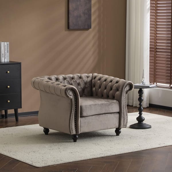 Bamber Modern Dark Brown Velvet Upholstery Arm Chair Tufted Accent Chair with Nailhead Trim, Rolled Arms