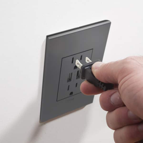 adorne 15 Amp 125-Volt Dual USB Plus-Size Duplex Outlet with Wall Plate, Magnesium