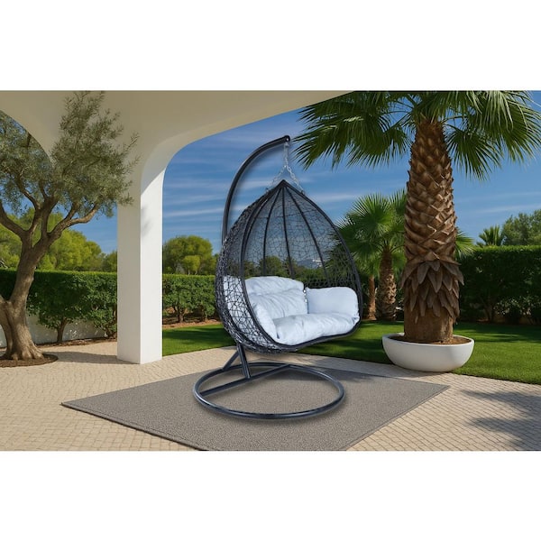 Hanging Metal Porch Swing Chair in Black Stainless Steel Frame with Cushions Recluse Collection in Light Grey