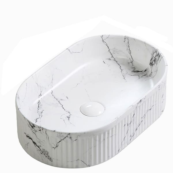19.3 in. Vessel Oval Bathroom Sink in White and Black Ceramic, Faucet and Drain Include