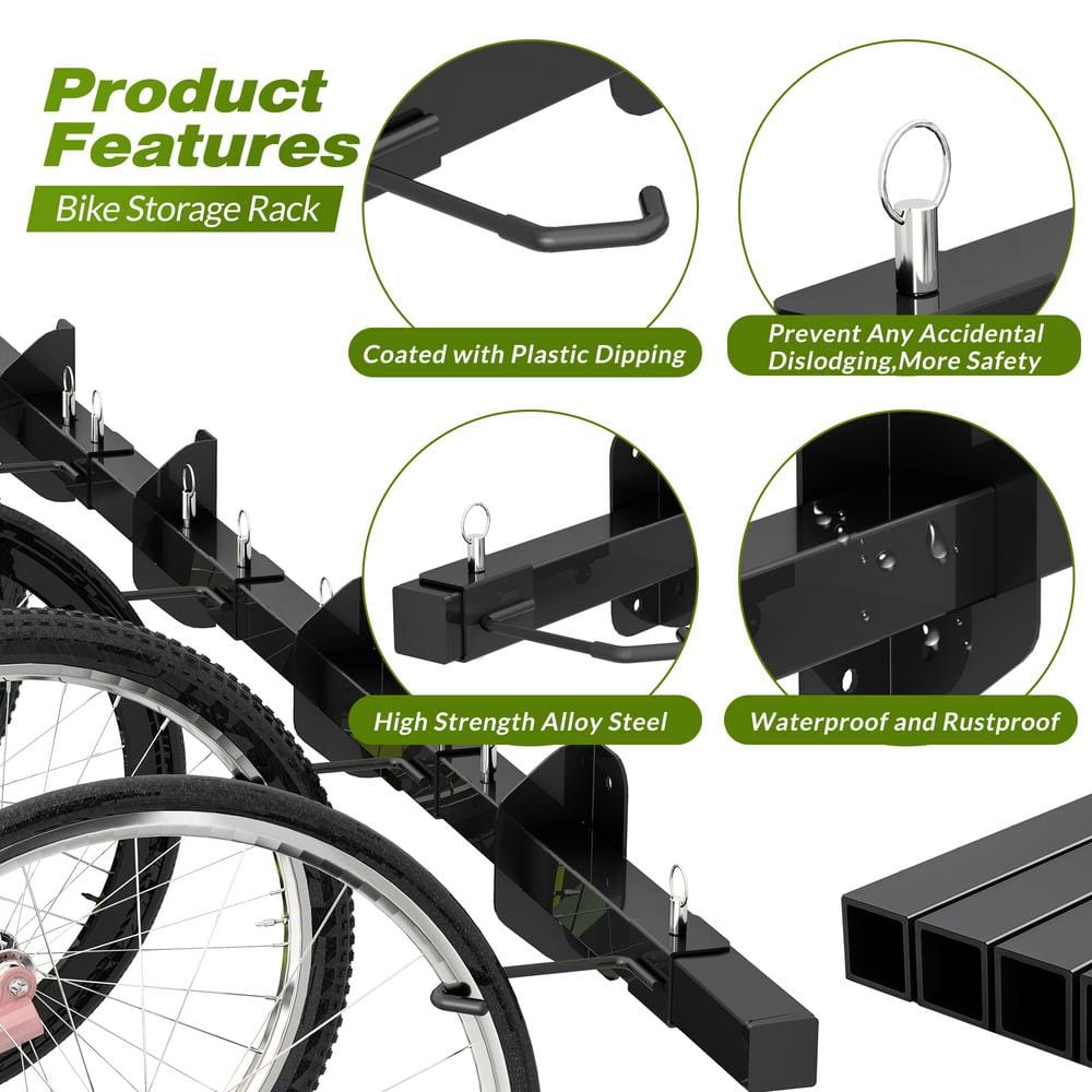 68-Inch Black Steel Wall Mount Bike Storage Rack with Adjustable Hooks