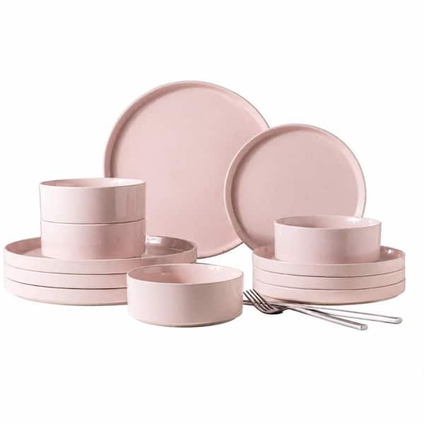 12-Piece Speckled Stoneware Dinnerware Set in Pink with Unglazed Terracotta Accents (Service for 4)