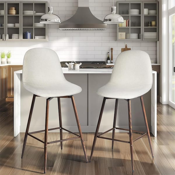 Charlton Linen Beige Fabric 26 in. Counter Height Swivel Bar Stool with Walnut Metal Legs and Curved Seat (Set of 2)