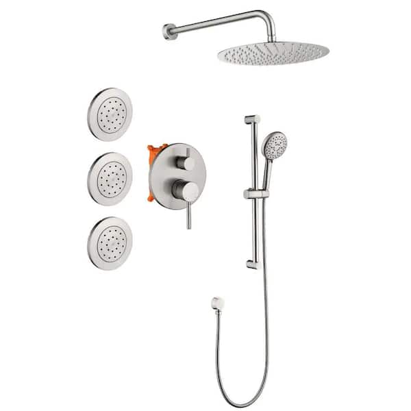 FORCLOVER 3-Spray Square High Pressure Deluxe Wall Bar Shower Kit with Slide Bar and 3-Body Spray in Brushed Nickel