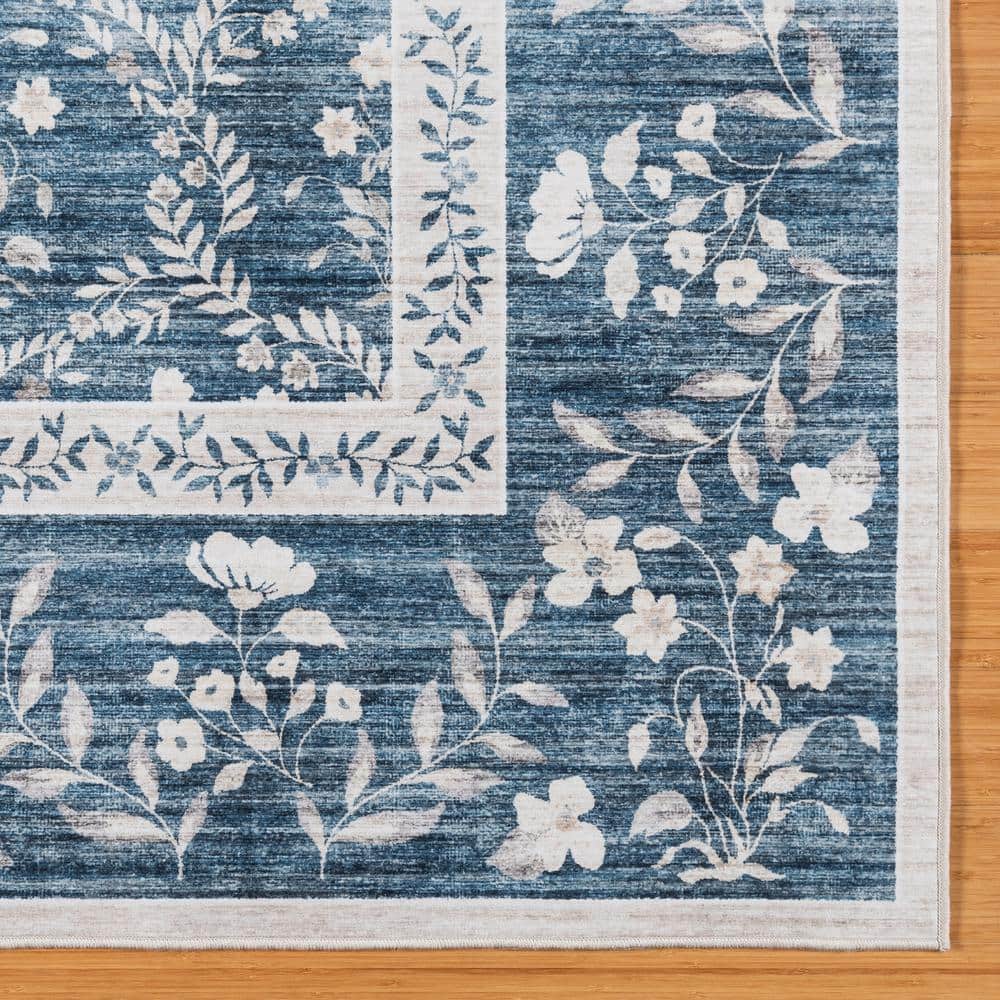 Vela Navy and Ivory Floral Print 8' x 10' Synthetic Area Rug