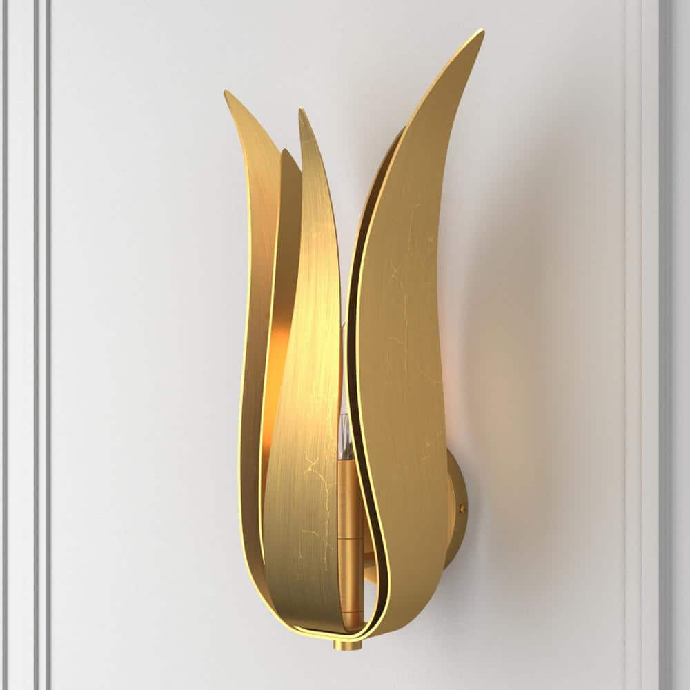 Antique Gold Dimmable 14" Steel Sconce with Wrought Iron Leaves