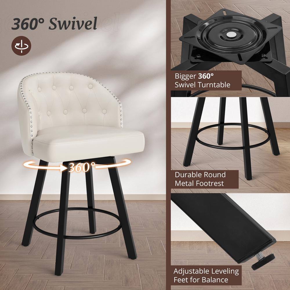 White Faux Leather Swivel Counter Height Bar Stools with Metal Frame, Set of 2