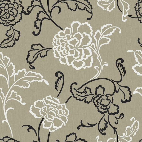 The Wallpaper Company 8 in. x 10 in. White, Black and Metallic Pewter Stylized Linear Leaf and Flower Wallpaper Sample