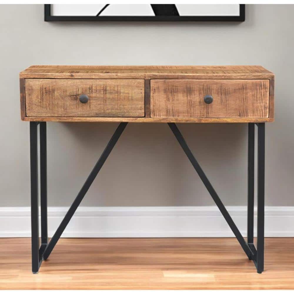 HomeRoots 32 in. Brown Rectangle Wood Console Table with Drawers ...