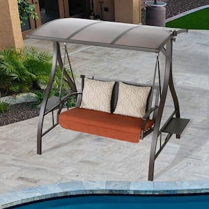 2-Person Metal Steel Porch Swing with Sunbrella Cushions, Solar Light and Convertible Board Canopy