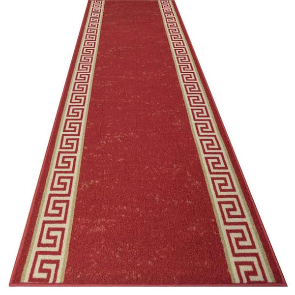 RugStylesOnline Meander Design Cut to Size Red 26 in. Width x Your Choice Length Custom Size Slip Resistant Stair Runner