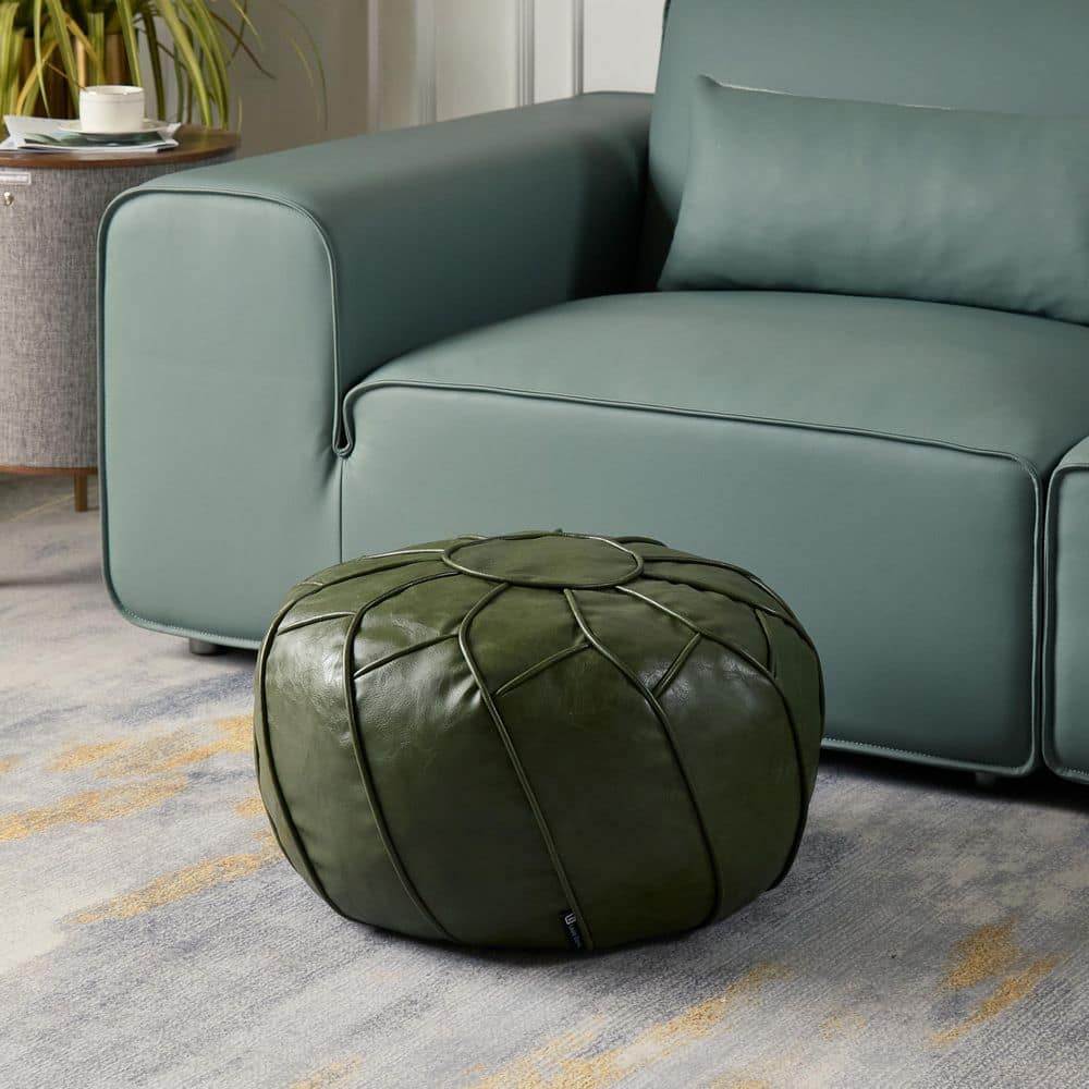 White Green Faux Leather Round Ottoman Pouf Cover Waterproof