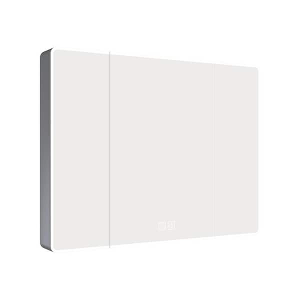 35 in. W x 28 in. H Rectangular LED Gray Surface Mount Medicine Cabinet with Mirror, with Storage Rack