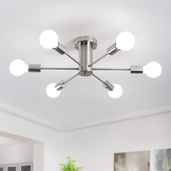 21.81 in. 6-Light Nickel Sputnik Semi- Flush Mount For Foyer Bedroom with No Bulbs Included